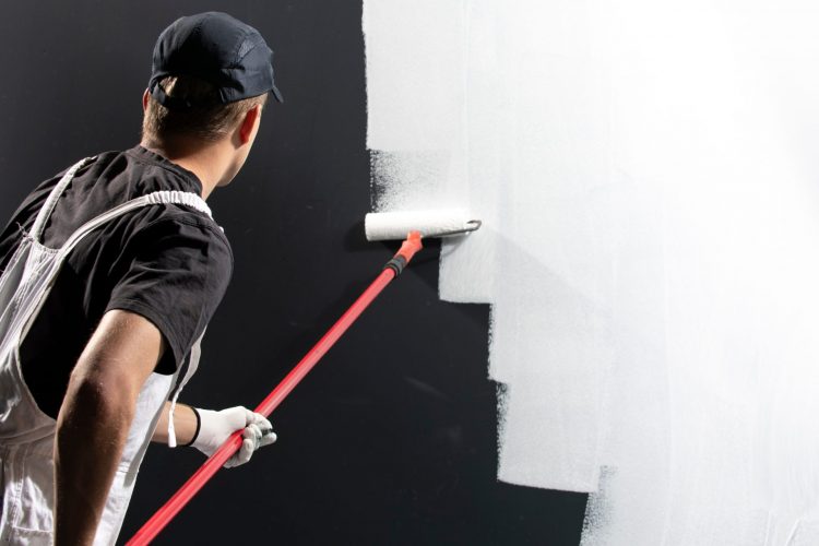 Male decorator painting a wall